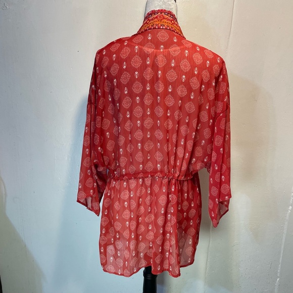 #0228 Xileration Red/Orange Sheer Kimono Accent Trim Drawstring with Tassels-S - Picture 5 of 9
